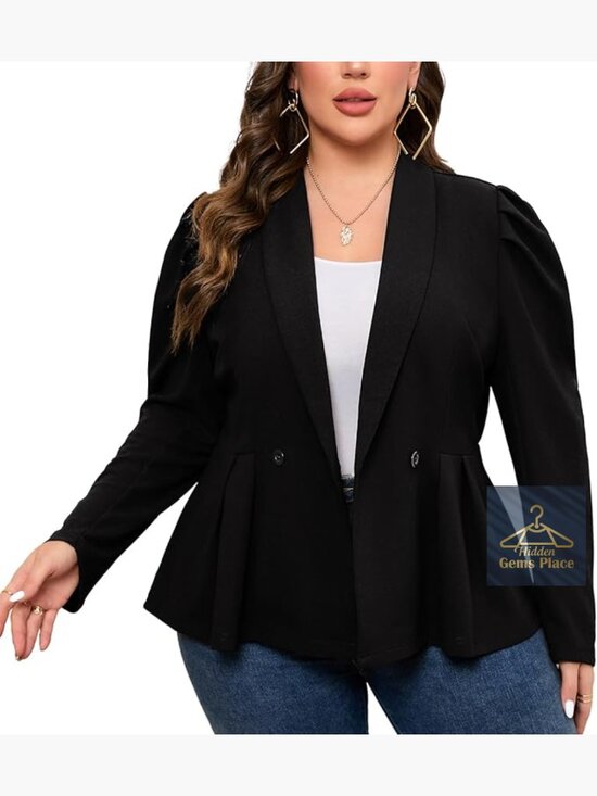 Jackets & Blazers - Plus Size Curve-Hugging Peplum Knit Blazer with Shawl Lapel & Puff Shoulders